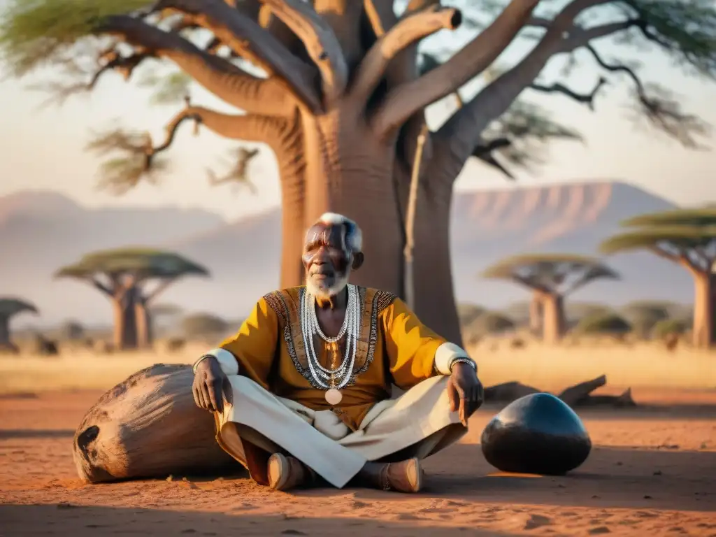 Un anciano africano cuenta un sabio proverbio bajo un baobab a un grupo diverso