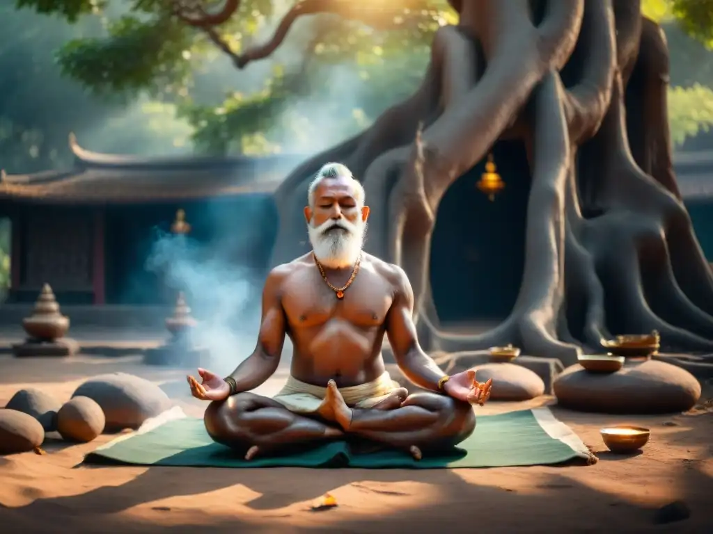 Yogi anciano meditando bajo árbol Bodhi, rodeado de manuscritos antiguos y humo de incienso, con luz dorada filtrándose entre las hojas