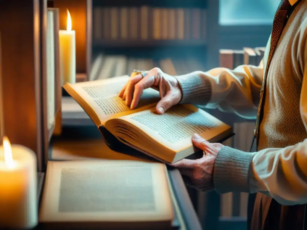 Un anciano bibliotecario, salvador de manuscritos antiguos, hojeando páginas amarillentas en una atmósfera nostálgica