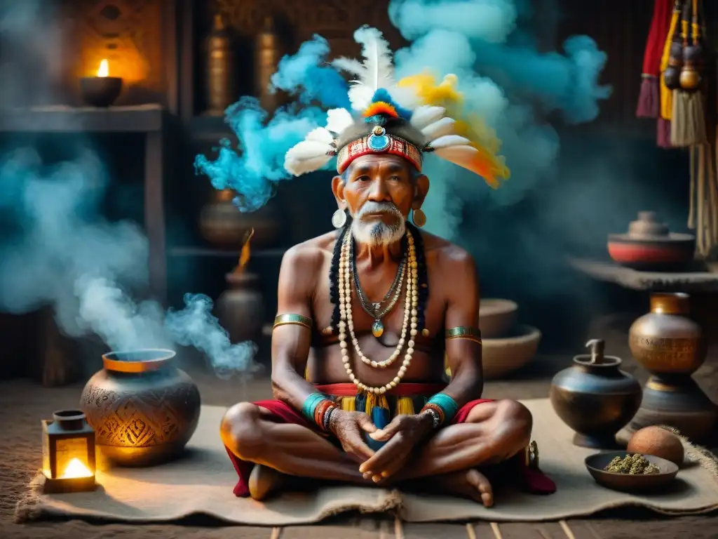 Un anciano chamán, vestido con ropas tradicionales coloridas, en un espacio ceremonial misterioso con humo de hierbas