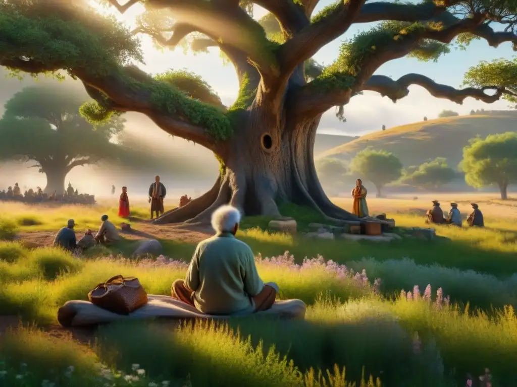 Un anciano cuenta-cuentos bajo un árbol ancestral, cautivando a un variado público en una pradera florida