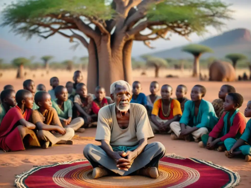 Anciano cuentacuentos bajo baobab: niños atentos a relatos de folklore en aldea africana al atardecer