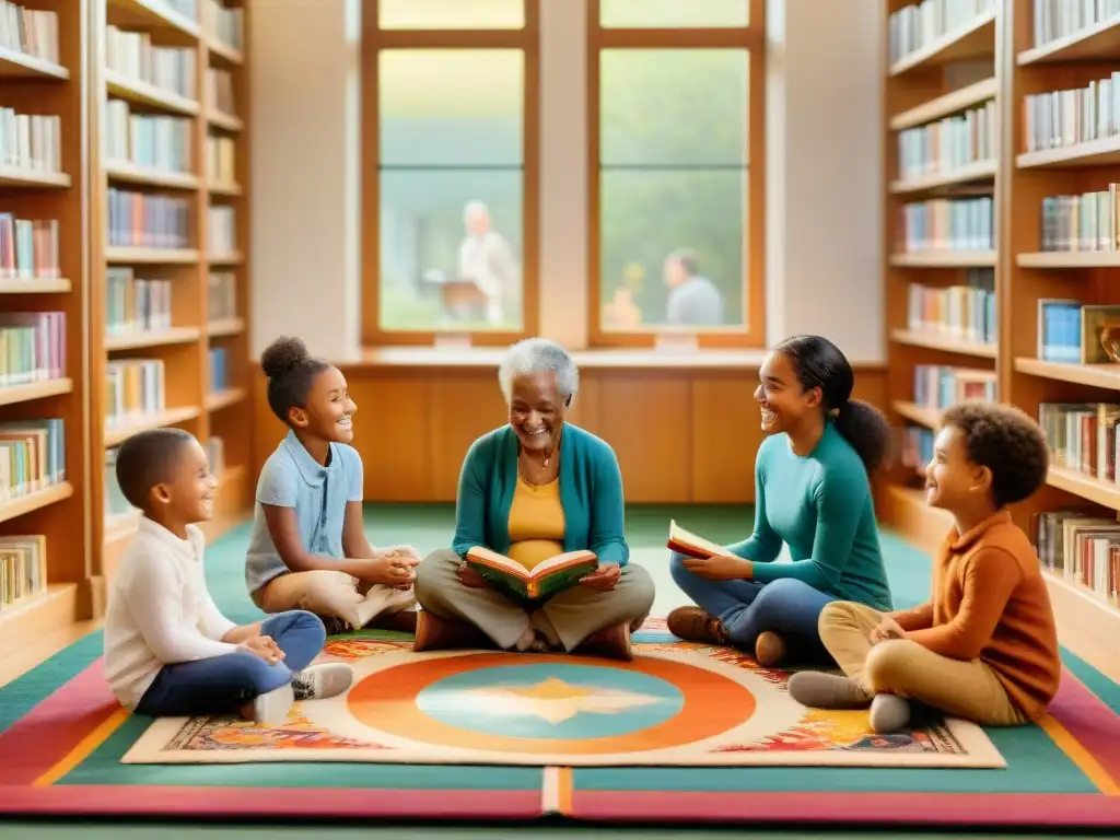 Un anciano cuentacuentos cautiva a niños diversos en una biblioteca acogedora, preservando la importancia cultural