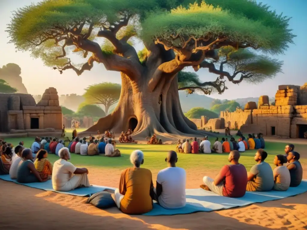 Anciano cuentacuentos comparte tradición oral civilizaciones antiguas bajo árbol ancestral al atardecer
