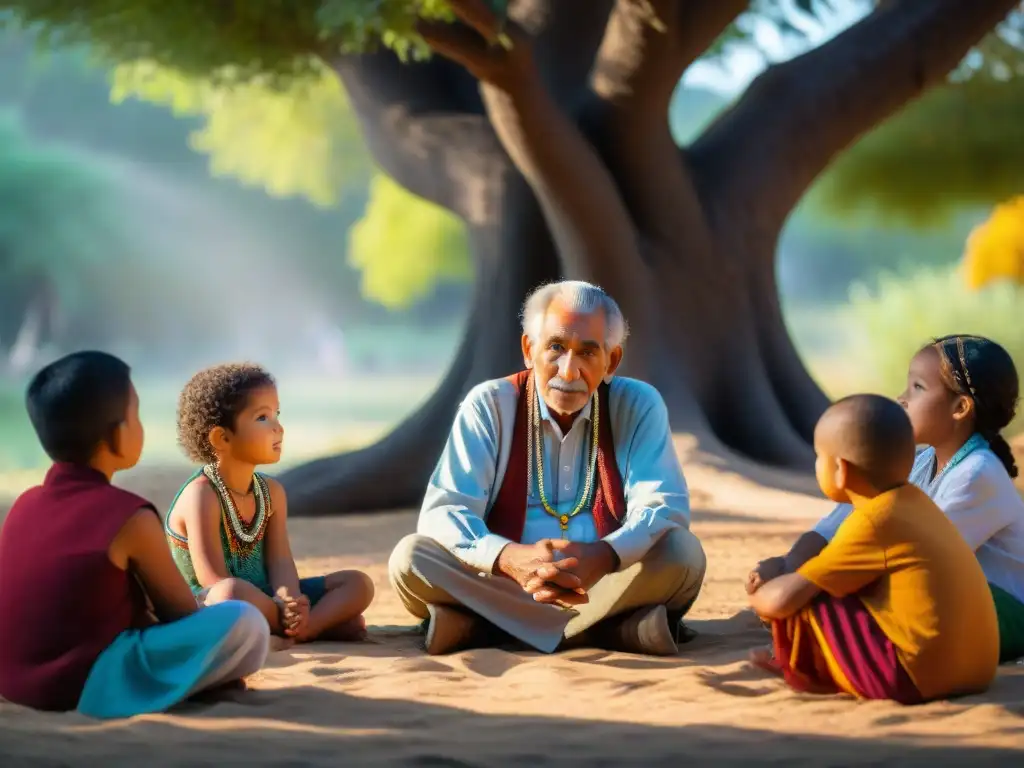 Anciano cuentacuentos comparte tradiciones con niños de distintas culturas bajo un árbol al atardecer