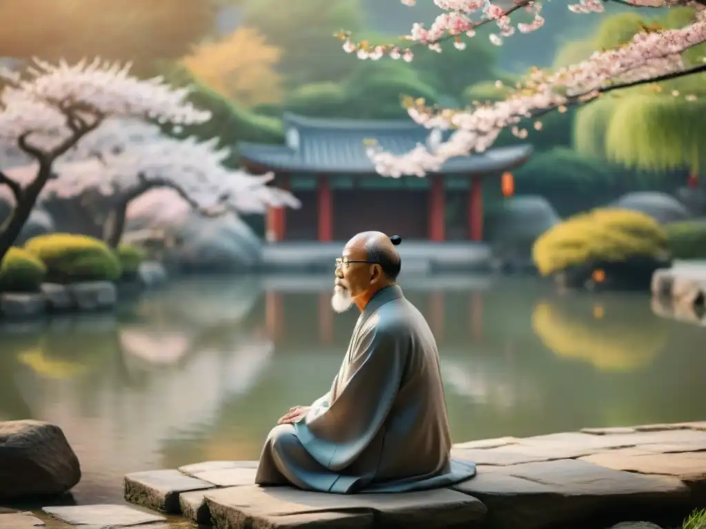 Un anciano erudito confuciano reflexiona en un jardín sereno con cerezos en flor y peces koi, reflejando la Filosofía Confuciana y Armonía Social