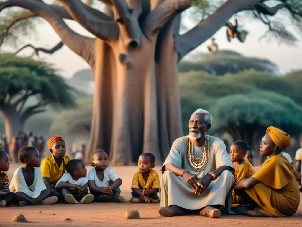 Un anciano griot en vestimenta tradicional del África Occidental, contando historias bajo un baobab al atardecer, rodeado de niños atentos