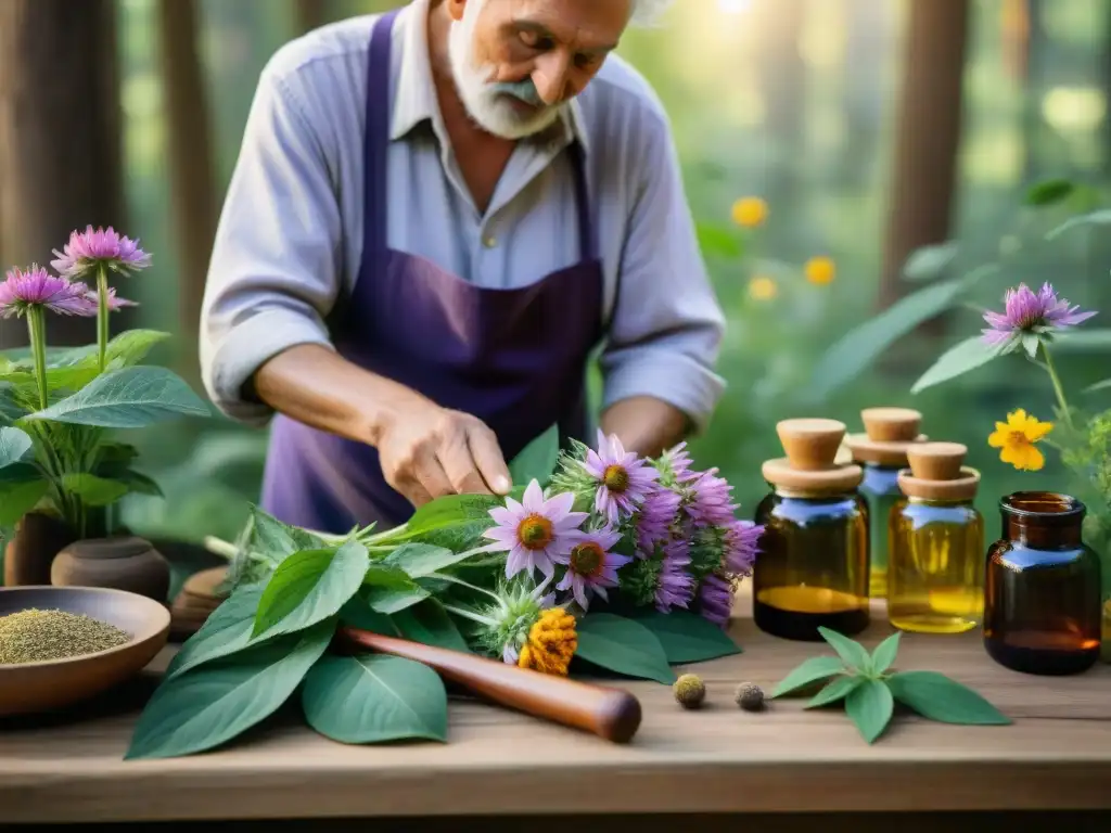 Un anciano herborista eslavo selecciona con cuidado equináceas moradas en un claro del bosque, rodeado de plantas medicinales