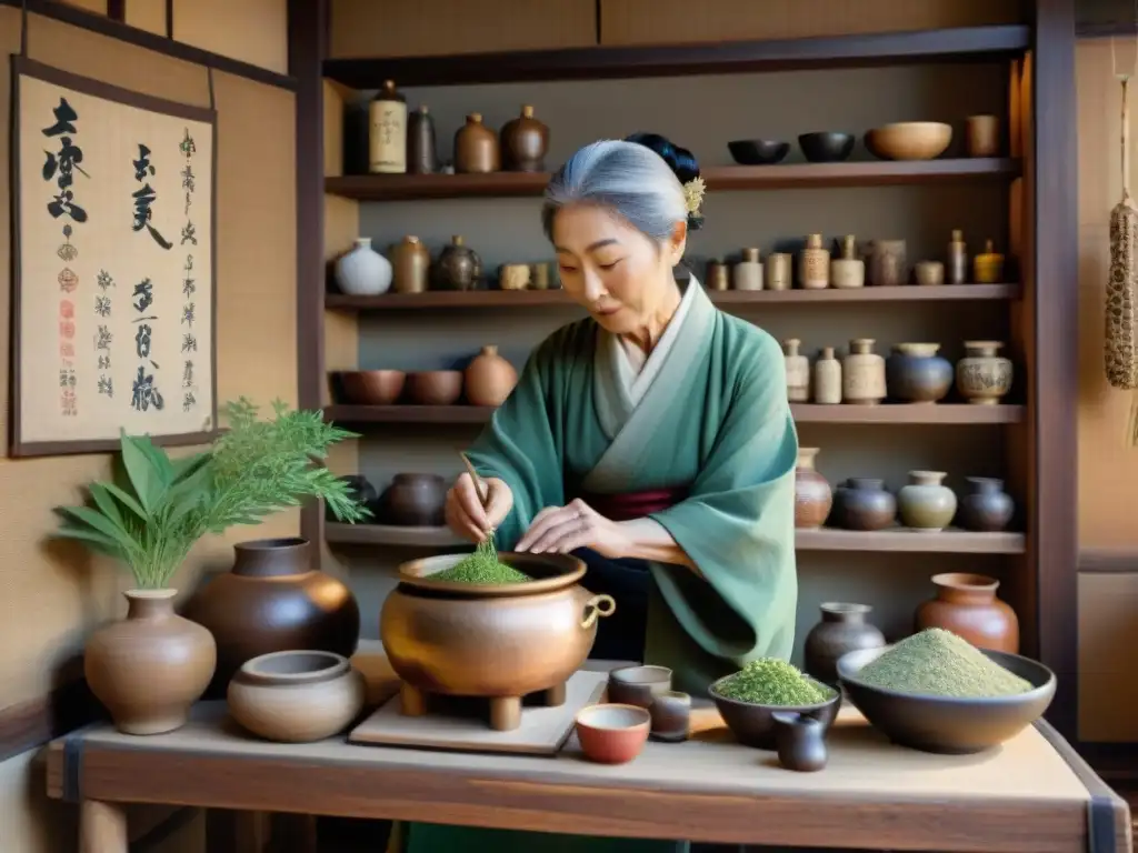 Un anciano herborista japonés preparando una poción en una tienda de hierbas tradicional del período Edo, creando una atmósfera de sabiduría ancestral