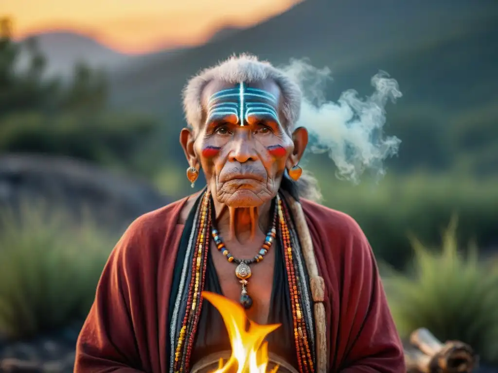 Un anciano chamán indígena realiza una purificación ancestral para alma moderna junto a una hoguera al atardecer en el bosque