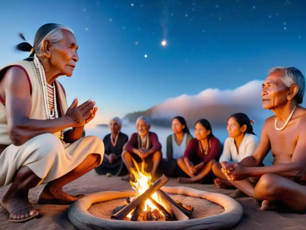 Un anciano indígena relata una historia junto al fuego bajo un cielo estrellado, conectando con su audiencia