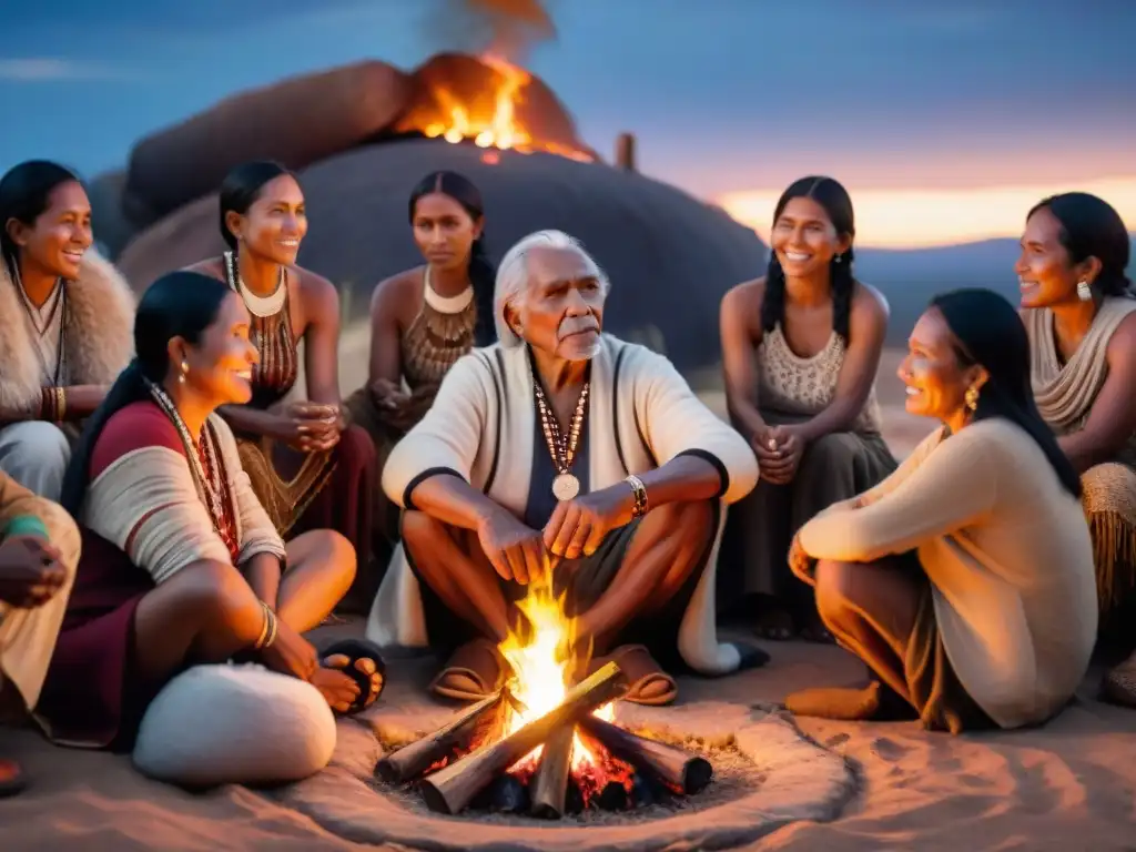 Un anciano indígena comparte historias junto al fuego, rodeado de oyentes bajo las estrellas en ruinas ancestrales