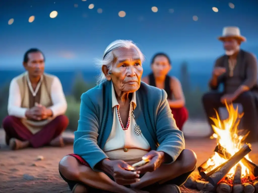 Anciano indígena cuenta historias junto al fuego bajo un cielo estrellado, influencia tradiciones orales literatura contemporánea