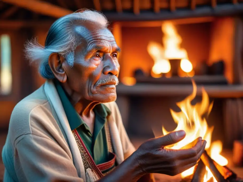 Un anciano indígena comparte sabiduría ancestral junto a niños en una choza iluminada por el fuego