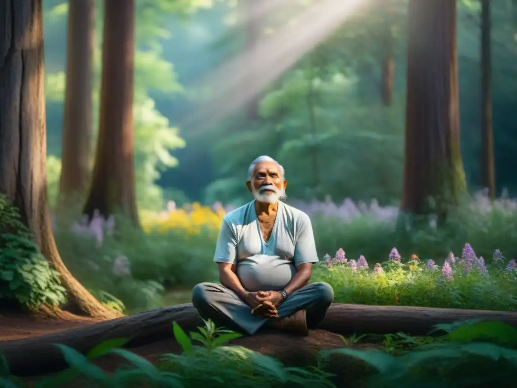 Anciano indígena en la selva con flores silvestres y árboles antiguos, practicando mindfulness en tradiciones antiguas