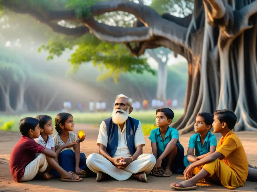 Anciano indio cuenta historias a niños bajo árbol banyan al atardecer