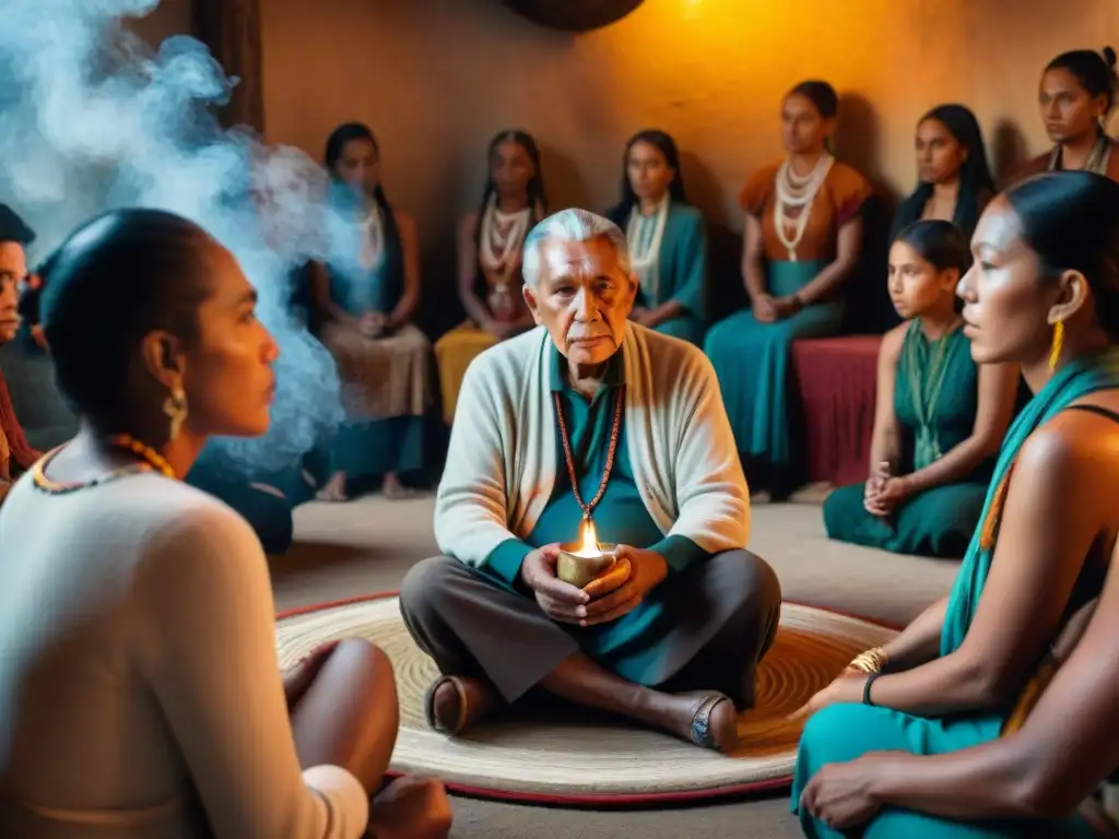 Un anciano indígena guía a jóvenes en una ceremonia de curación, practicando resiliencia ante el trauma