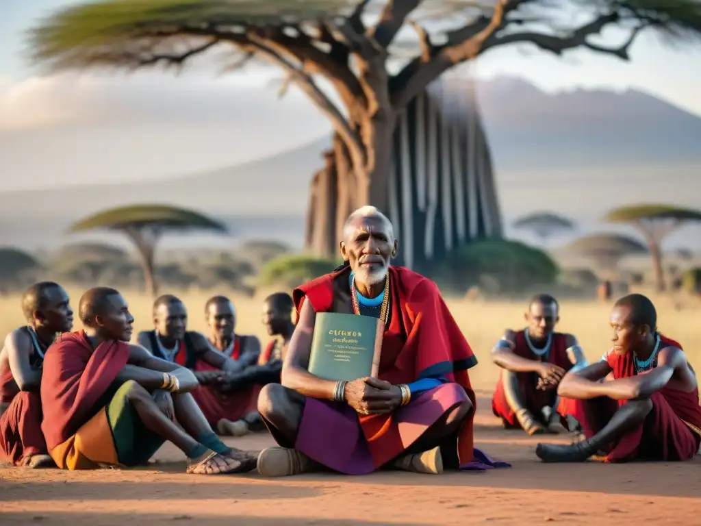 Un anciano maasai comparte tradiciones orales sobre ciclo vida a guerreros bajo árbol acacia al atardecer, con Kilimanjaro al fondo