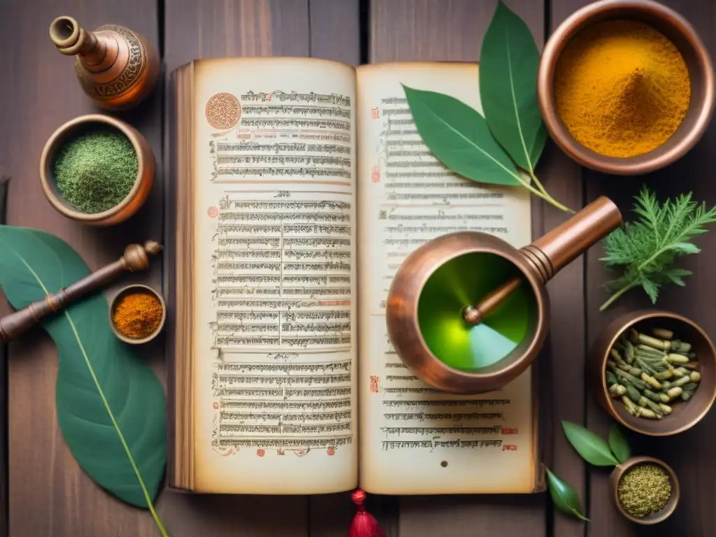 Un anciano manuscrito ayurvédico con caligrafía sánscrita detallada y herramientas tradicionales en una conexión cósmica Ayurveda India