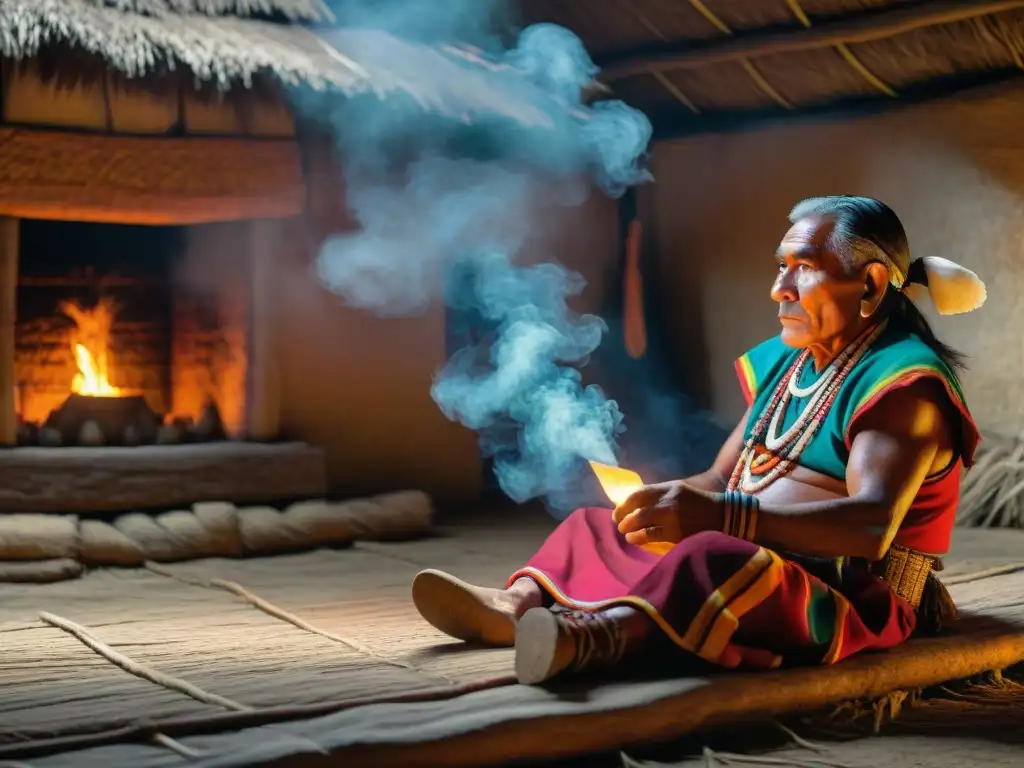 Un anciano maya cuenta historias a niños en una choza tradicional, resaltando la importancia de las tradiciones orales antiguas mayas