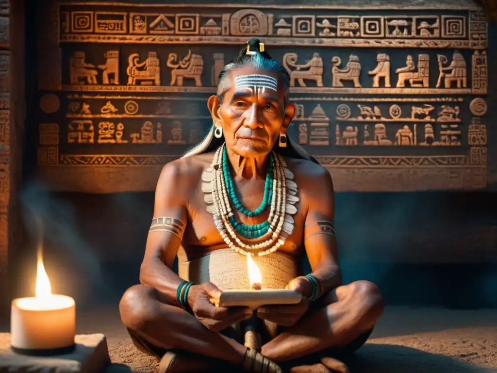 Un anciano maya en vestimenta tradicional, iluminado por velas, con jeroglíficos mayas en las paredes