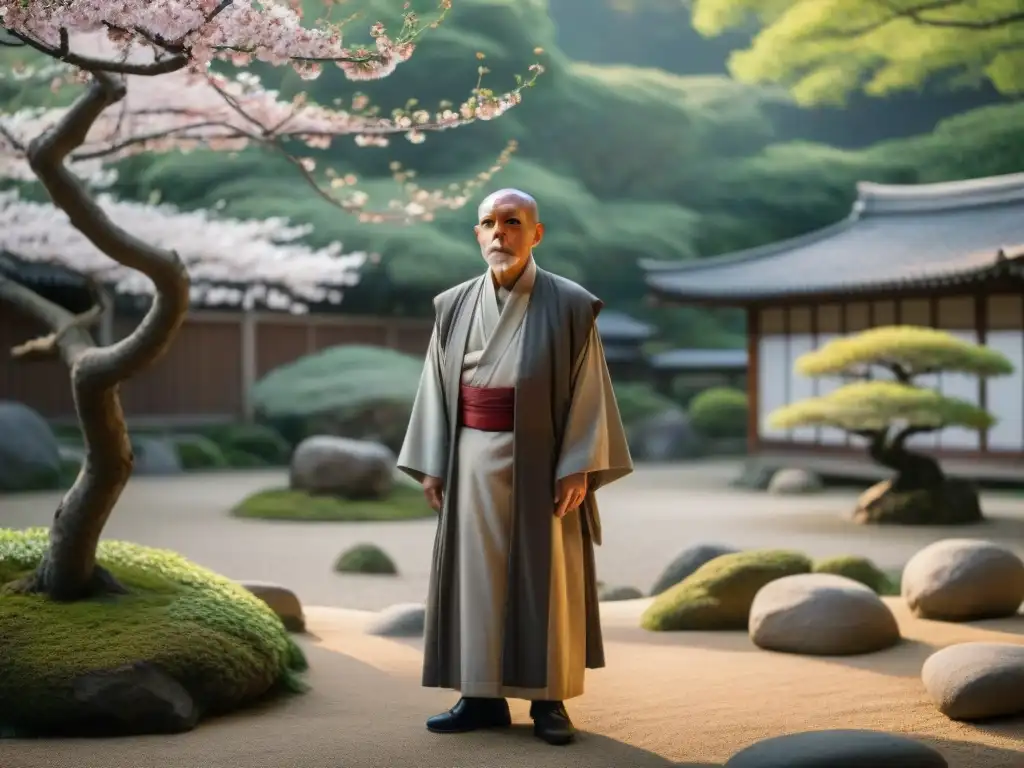 Un anciano monje en un jardín zen japonés al amanecer, personificando el rito del silencio en civilizaciones