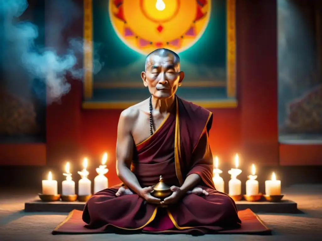 Anciano monje tibetano en meditación con mala, rodeado de velas y humo de incienso