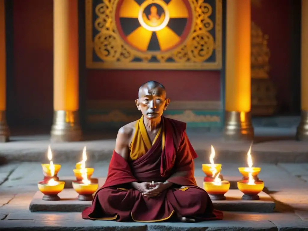 Un anciano monje tibetano practica mindfulness en tradiciones antiguas, iluminado por lámparas de mantequilla en un monasterio sereno