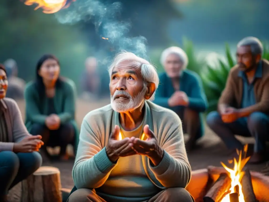 Un anciano narrador cautiva a su audiencia variada bajo un cielo estrellado junto al fuego