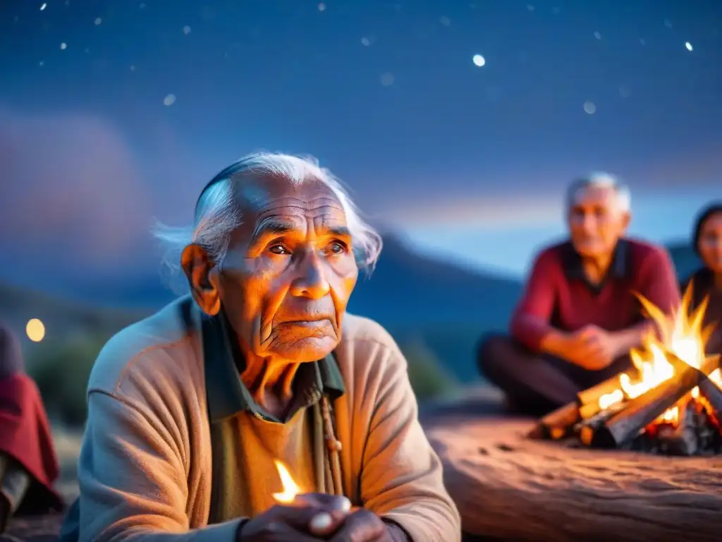 Un anciano narrador de una comunidad indígena comparte historias junto a su audiencia alrededor de una fogata