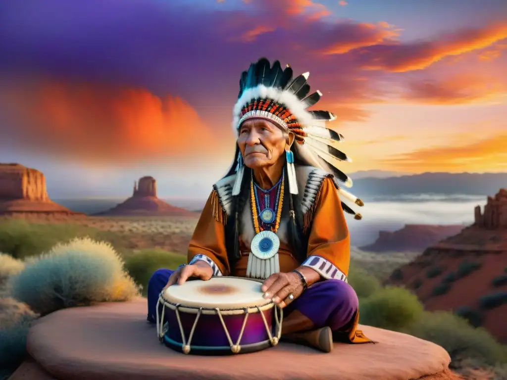 Un anciano nativo americano tocando un tambor sagrado bajo el cielo abierto al atardecer