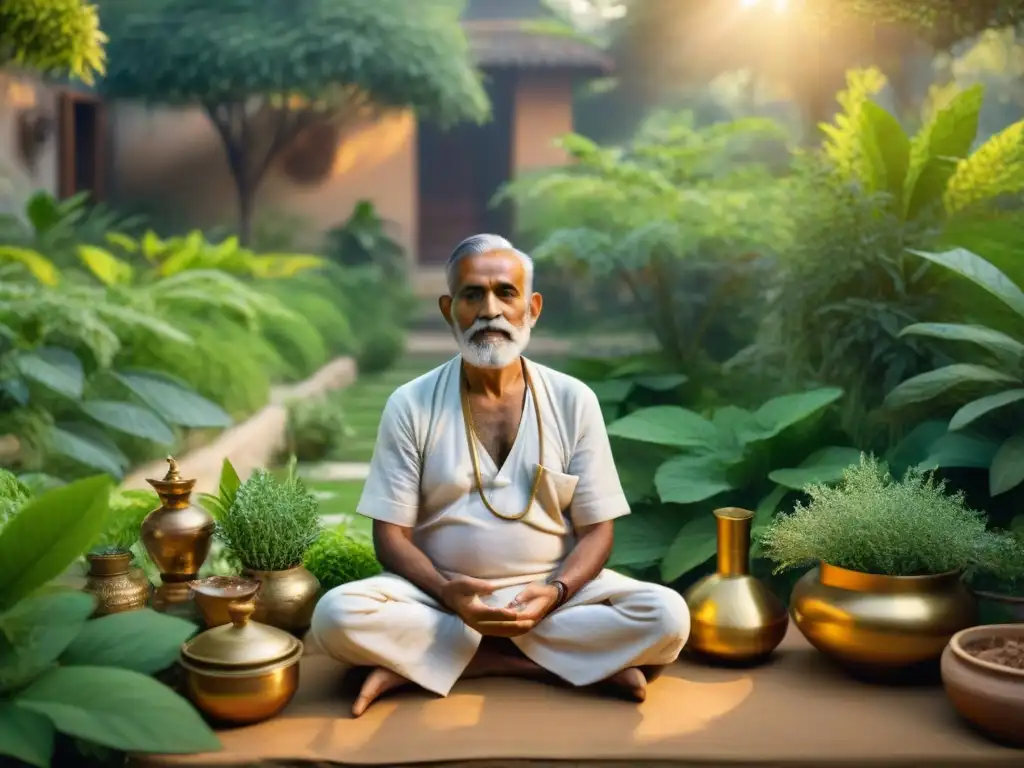 Un anciano practicante de Ayurveda en un jardín exuberante, preparando remedios herbales en utensilios de latón