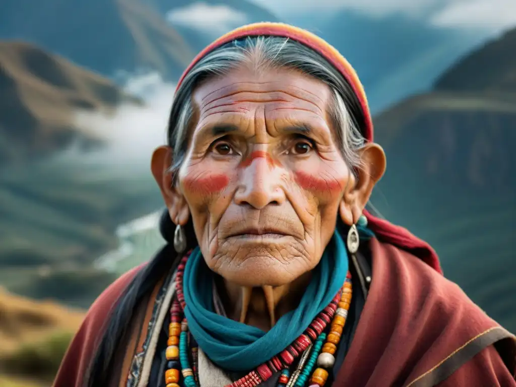 Un anciano Quechua con ropas tradicionales detalladas, mirada sabia y fondo de montañas neblinosas