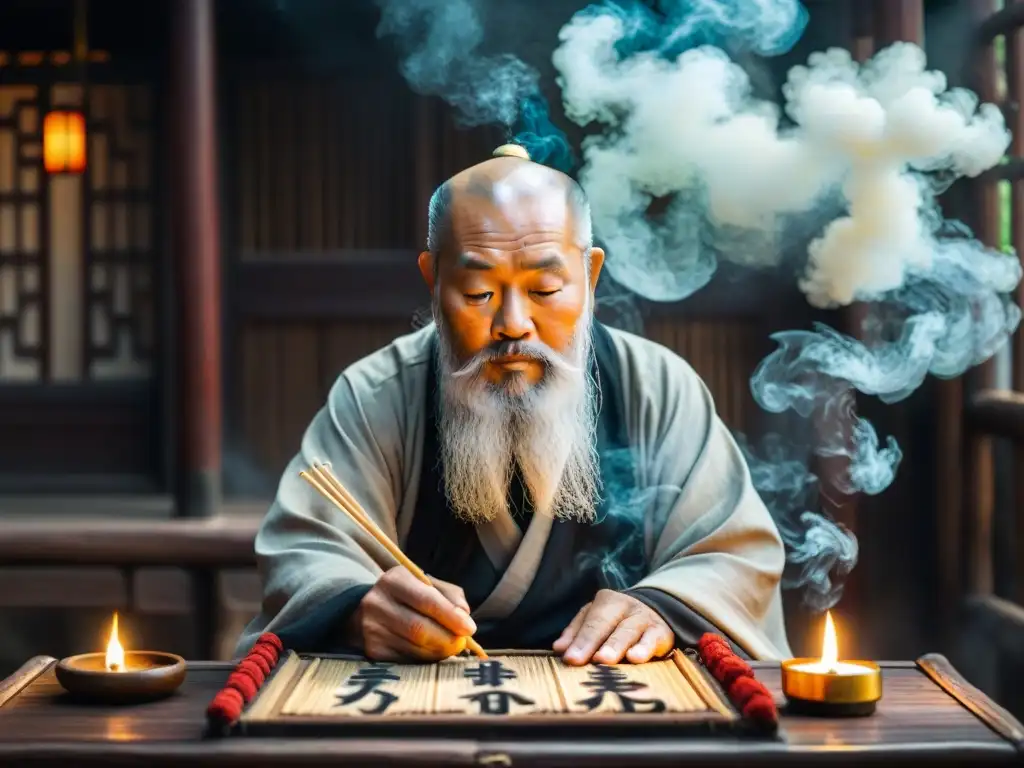 Un anciano sabio chino se concentra en la adivinación con I Ching en una habitación mística iluminada por una vela titilante