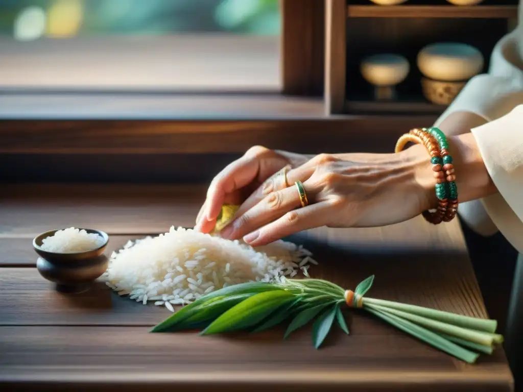 Un anciano sabio dispone con delicadeza granos de arroz en mesa japonesa, creando patrones y símbolos