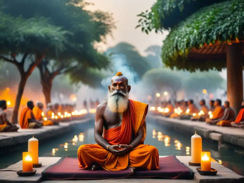 Un anciano Sadhu medita bajo un árbol Bodhi, rodeado de humo de incienso y luz de velas, en contraste con rascacielos