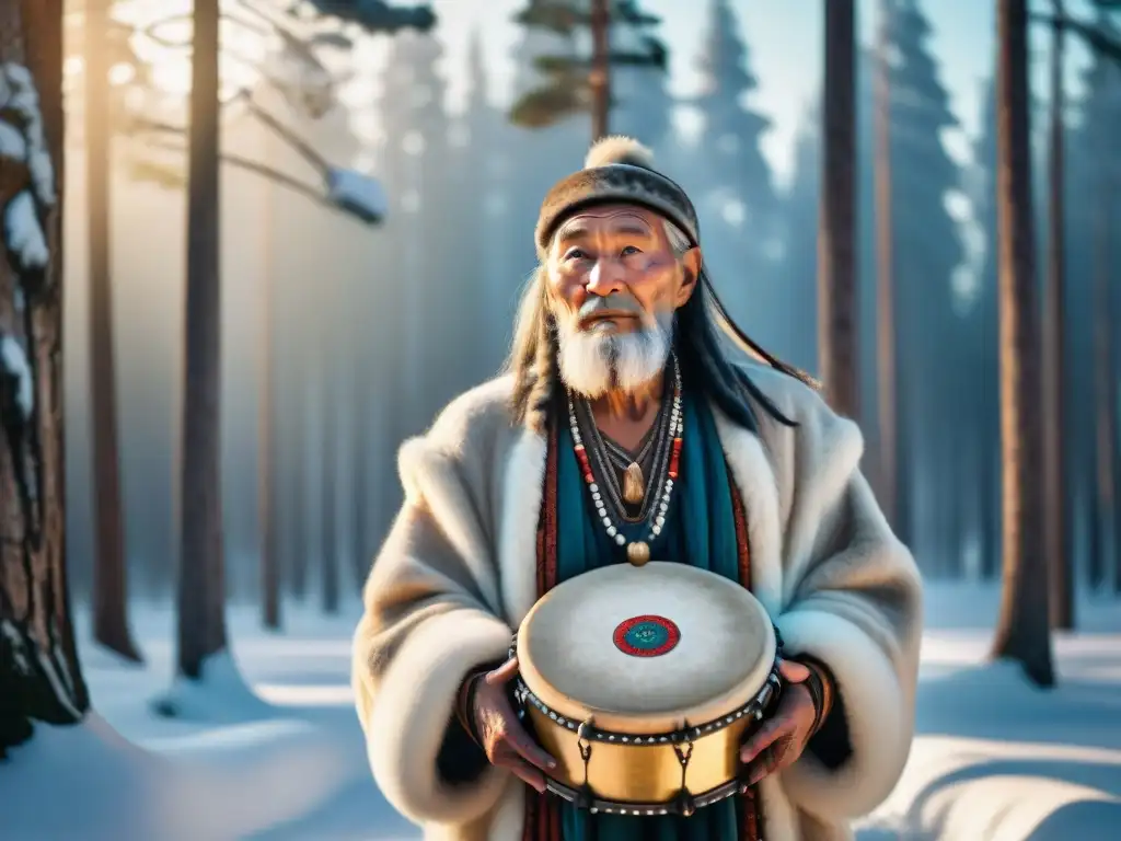 Un anciano chamán siberiano en un bosque nevado, con mirada sabia y tambor ceremonial