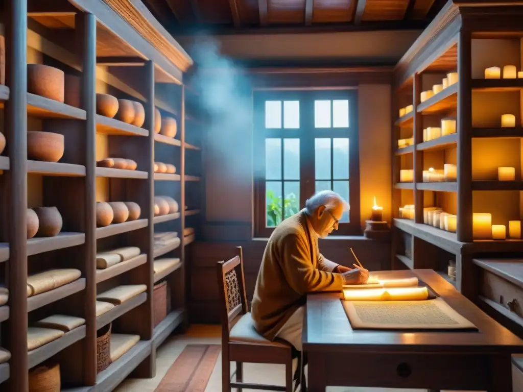 Un anciano escriba inscribe textos sánscritos en un sereno scriptorium iluminado por velas, evocando sabiduría ancestral