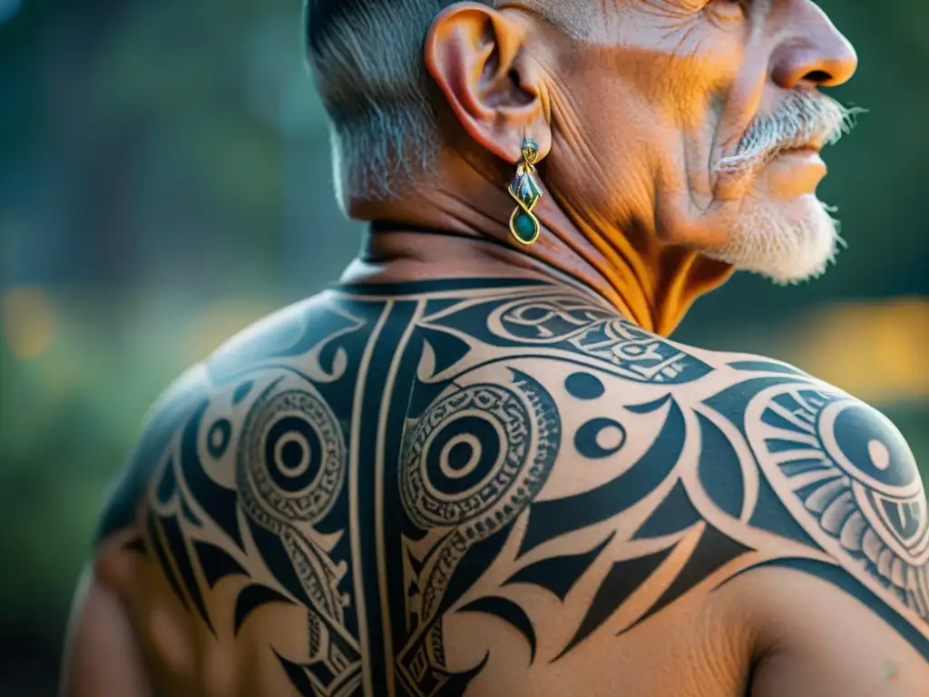 Un anciano tribal europeo con tatuajes terapéuticos culturas ancestrales que narran sabiduría y curación, entrelazándose en su piel