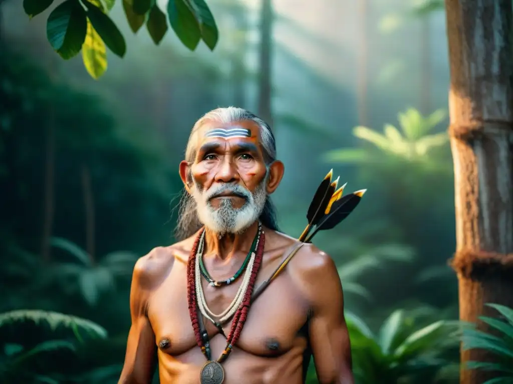 Un anciano tribal con mirada sabia, viste atuendo de caza tradicional en la selva