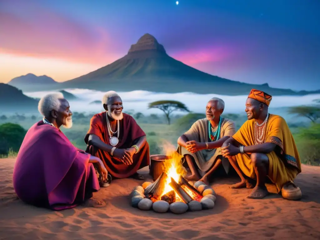 Ancianos africanos en ceremonia espiritual ancestral alrededor de fogata bajo cielo estrellado en África