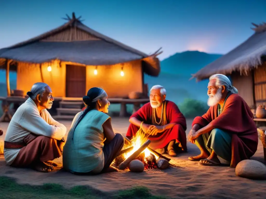 Ancianos de civilización antigua comparten tradición oral alrededor de fogata estrellada