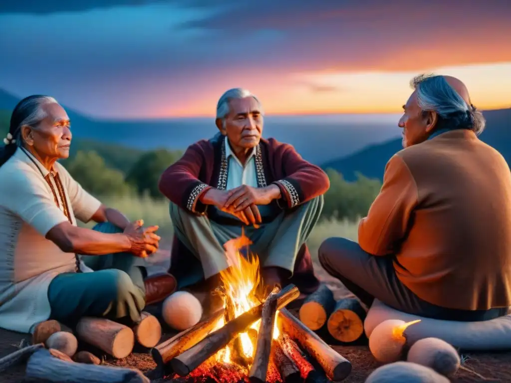 Ancianos indígenas comparten historias alrededor de fogata, con caras iluminadas por llamas, conectando tradición oral con cosmos