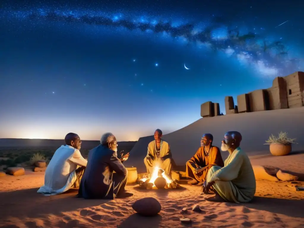 Ancianos Dogon reunidos alrededor del fuego, bajo el cielo estrellado de Mali, señalando Sirius