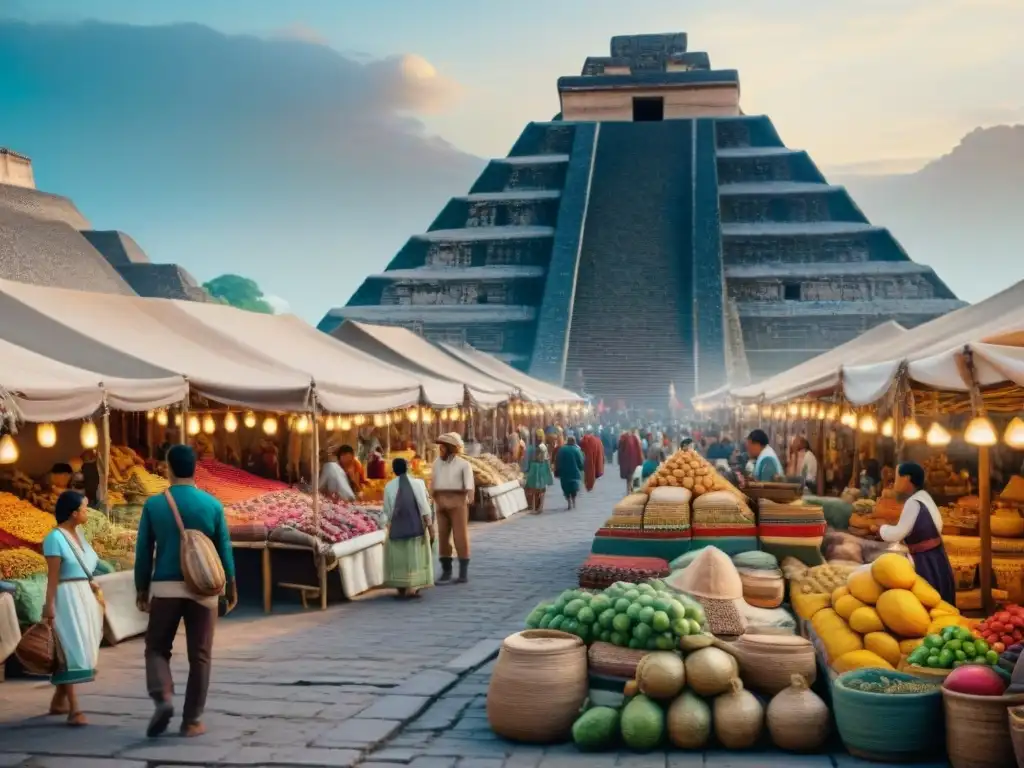 Una animada escena de la vida cotidiana en el imperio azteca: mercados, colores, frutas, cerámica y gente