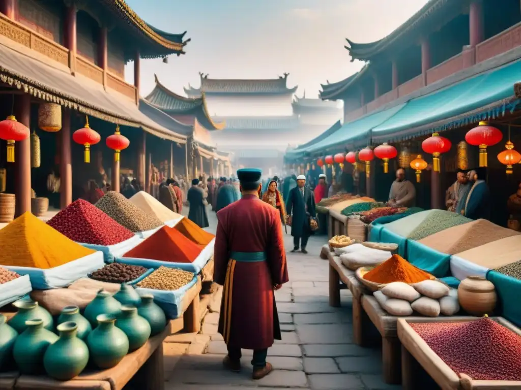 Mercado bullicioso en la Ruta de la Seda: intercambio cultural vibrante Una animada feria en una antigua ciudad de la Ruta de la Seda, con comerciantes de distintas civilizaciones intercambiando bienes