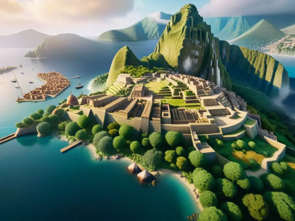 Una animada vista aérea detallada de una antigua civilización, mostrando elaboradas estructuras urbanas y actividades económicas