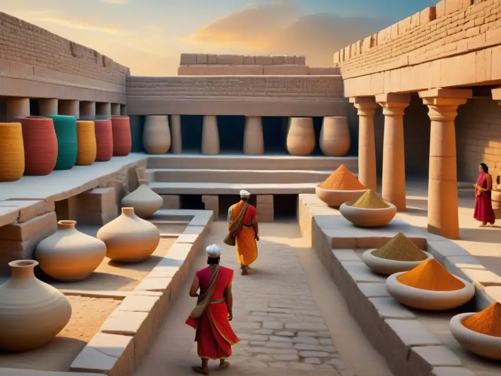 Animado comercio en la India Antigua: coloridos puestos de mercado, textiles y cerámica, con vendedores y compradores negociando en MohenjoDaro