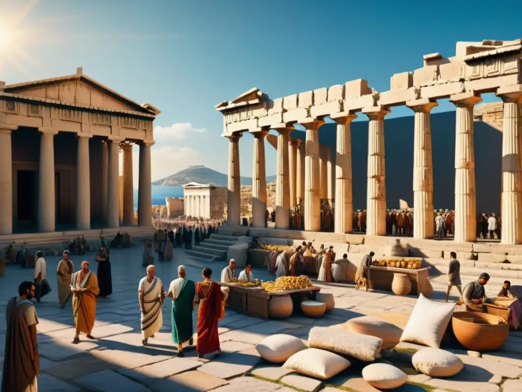 Animado mercado de la antigua Grecia entre columnas de mármol, mostrando trueque y comercio