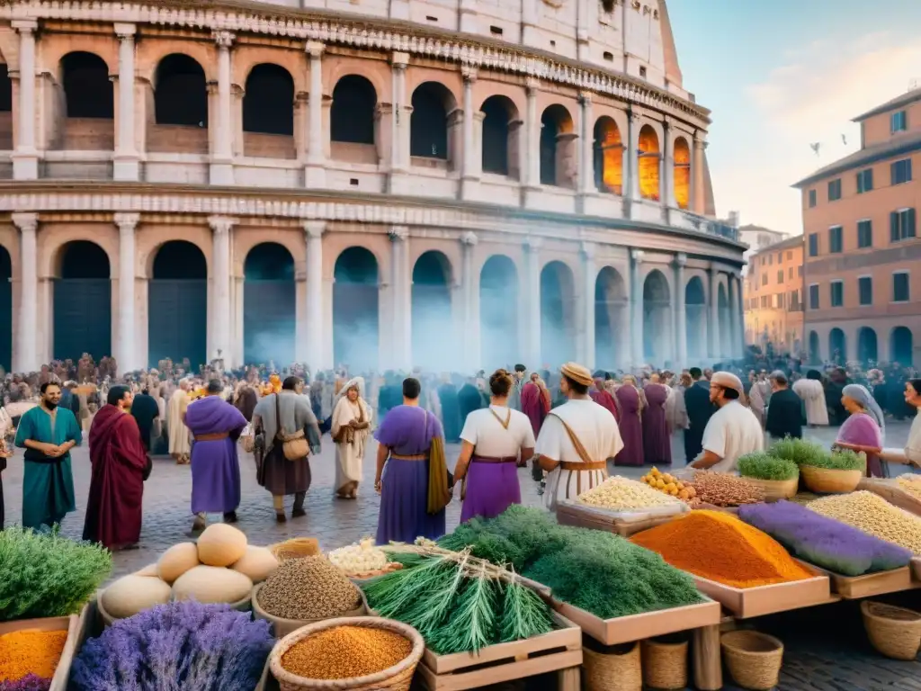 Un animado mercado en la antigua Roma, con vendedores de hierbas y especias para aromaterapia